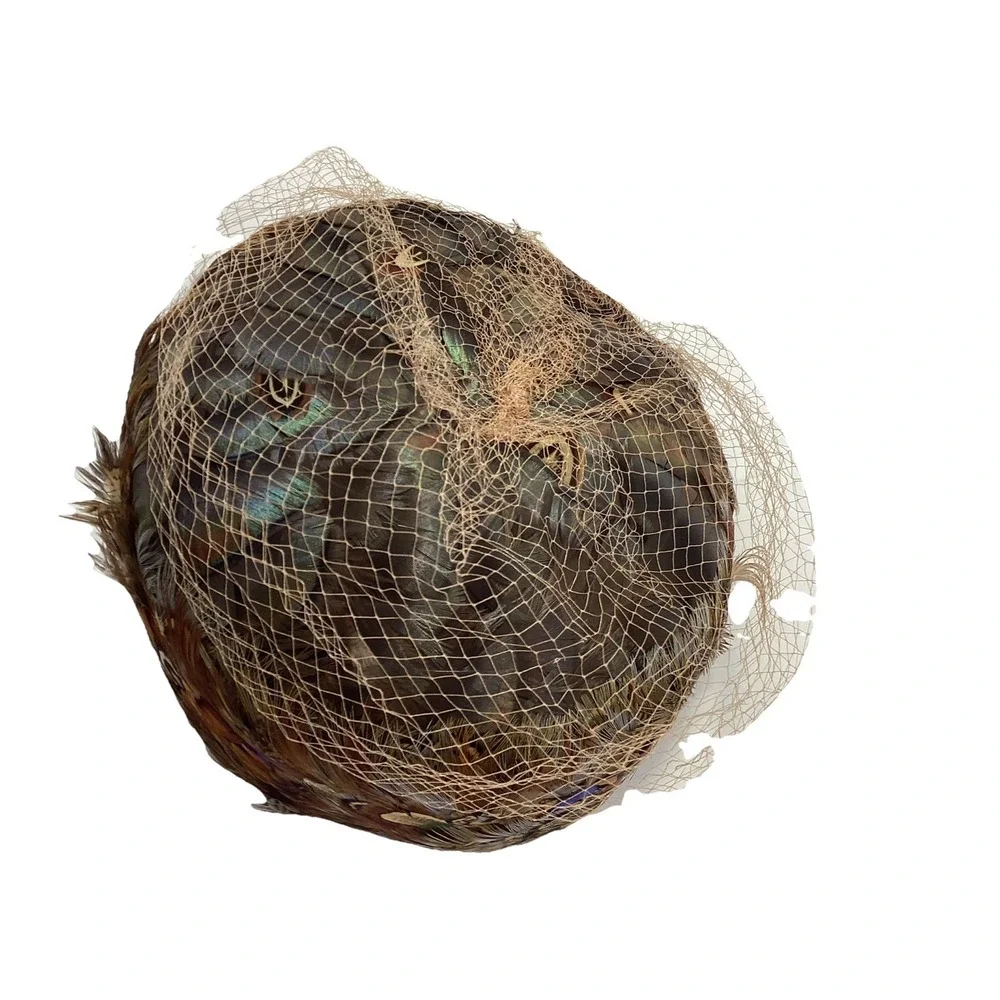 Vtg Henry Pollak NY Glenover 100% Wool Pillbox Hat Brown Net Veil All Feathers